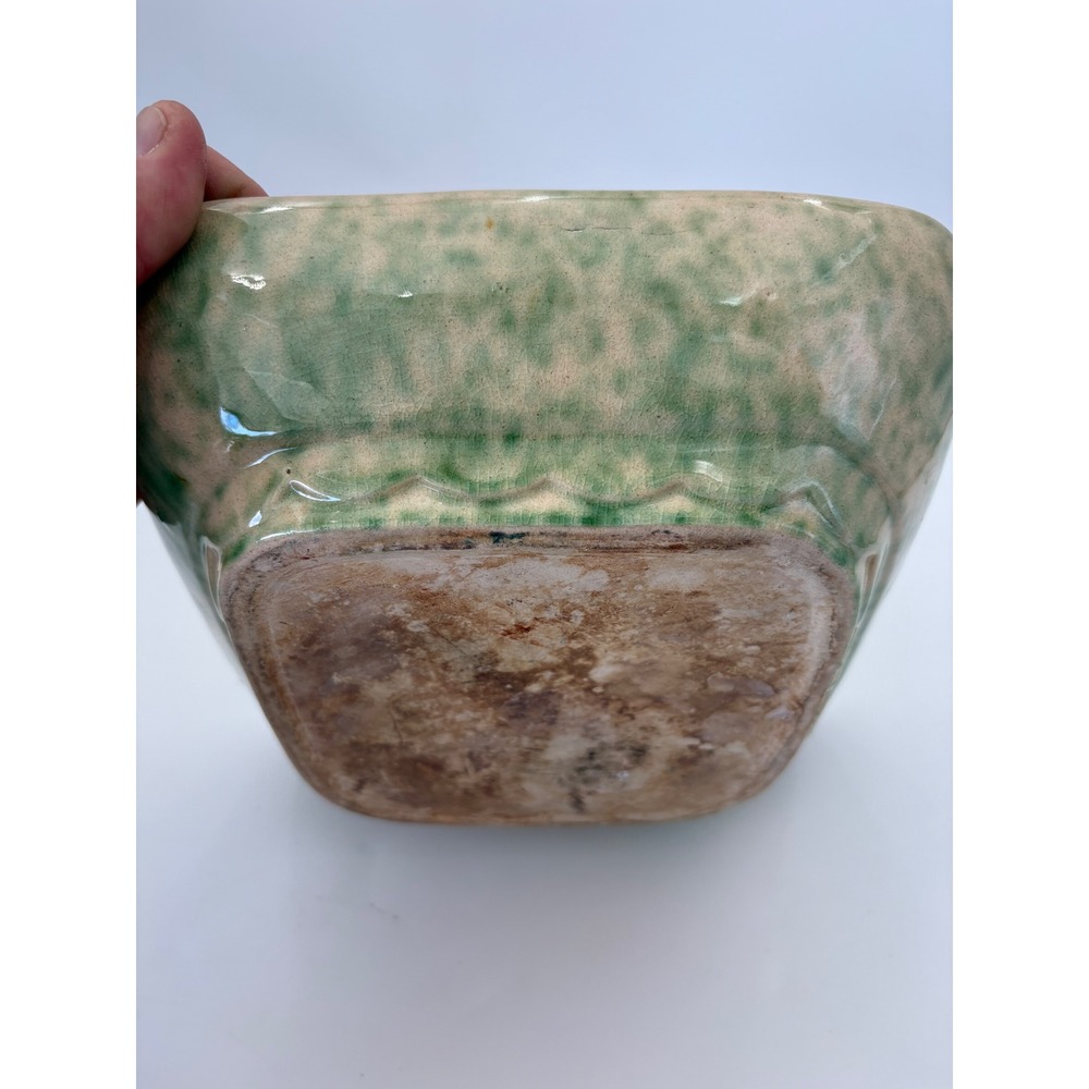Vintage Square Pottery Serving Bowl Green Mottled Glaze Crackle Finish 8X8